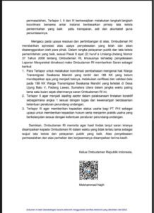 Ket Foto : Surat Lanjutan Ombudsman RI, tgl 11 Maret 2026
