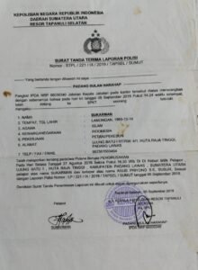 Foto : Surat LP No : 221/IX/2019/TAPSEL/ SUMUT